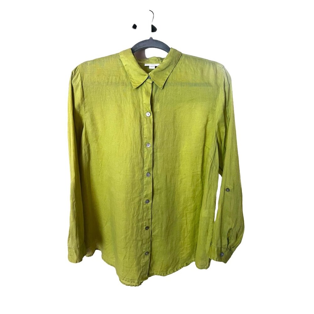 J Jill Love Linen  Lime Green  Button Up Tunic Blouse Lagenlook Roll Tab Sleeves